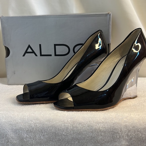 EUC Aldo Size 7/ 37 Javea Black patent lucite wedge heels - Picture 3 of 16